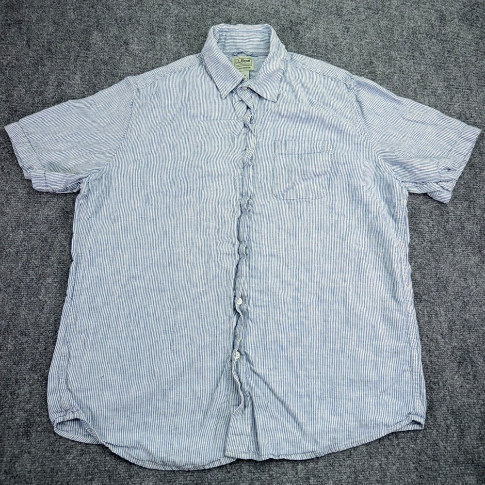 LL Bean Shirt Men's Large Blue Striped 100% Linen Slightly Fitted Button Up